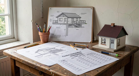 A draughtsman's table with a wall section drawing, a U-value table and a small model house.
