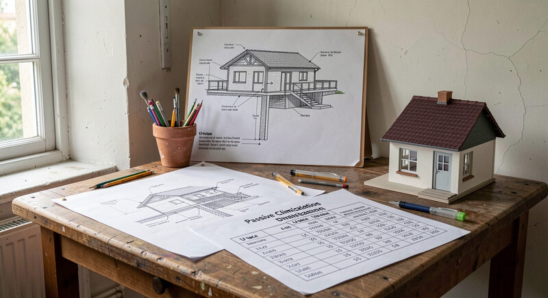 A draughtsman's table with a wall section drawing, a U-value table and a small model house.