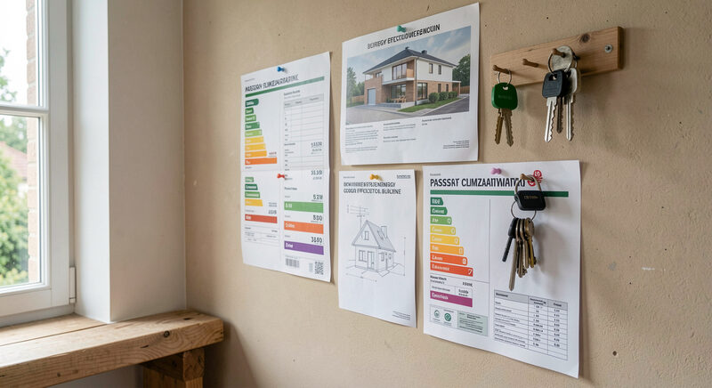 Several energy certificate charts pinned to a studio wall beside house plans and a set of keys.
