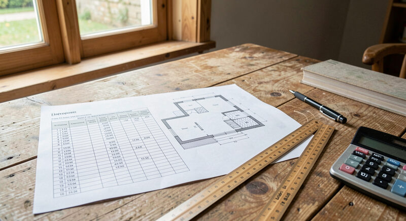 A desk with a spreadsheet of U-values, a floor plan, a ruler and a calculator in daylight.
