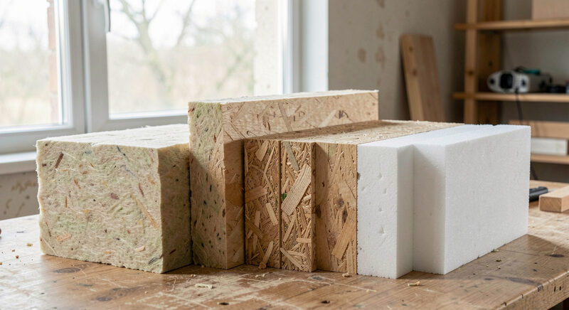 Samples of mineral wool, wood fibre, cellulose and foam insulation arranged side by side on a workbench.