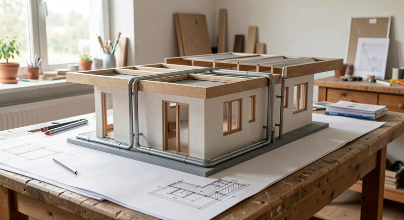 An architectural model of a flat-roofed passive house with visible pipe loops standing on a drawing table.