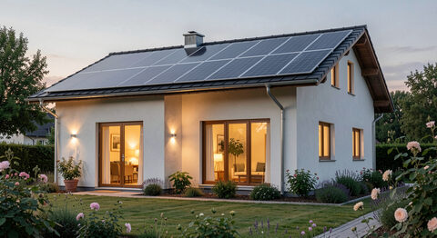 A low-energy house at dusk with a wide solar roof and a garden, warm light in the windows.