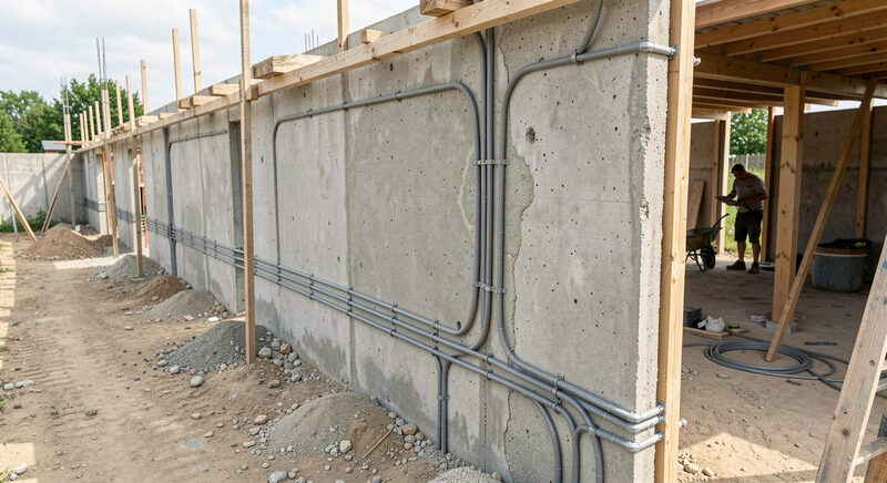 A close-up of a concrete wall under construction with thin pipes laid in loops inside the formwork before pouring.